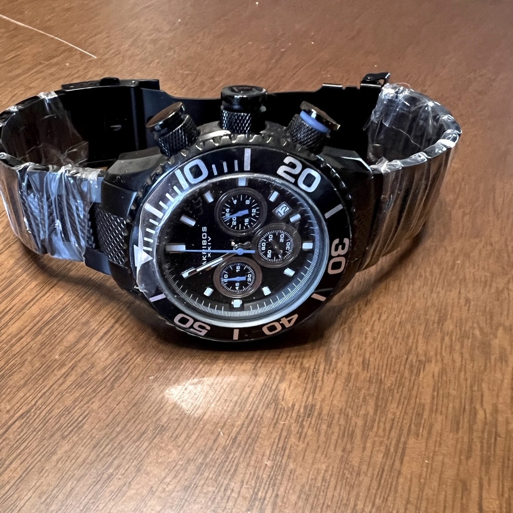 New Men's Akribos XXIV AK512BK Quartz Chronograph Black Stainless Steel Watch